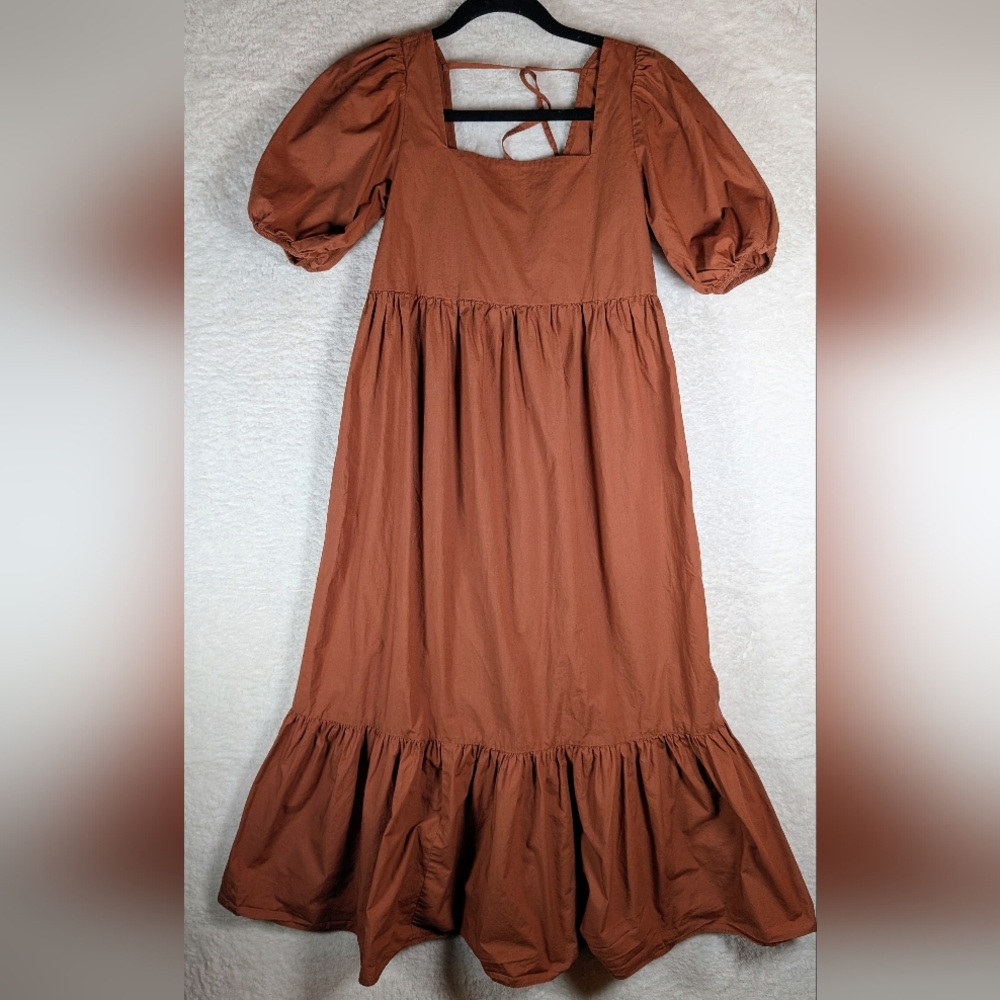 331-Oak + Fort Elegant Brown Puff‎ Sleeve Dress